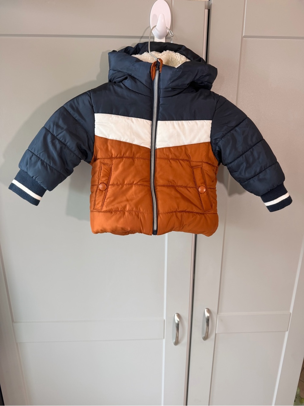 Rothschild 12M Puffer Jacket Sherpa Lined Hooded Orange Navy Coat